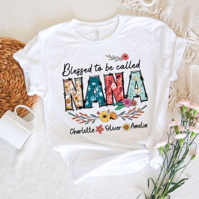 Custom Blessed Grandma Shirt, Personalized Kids Art Flower Nana Shirt