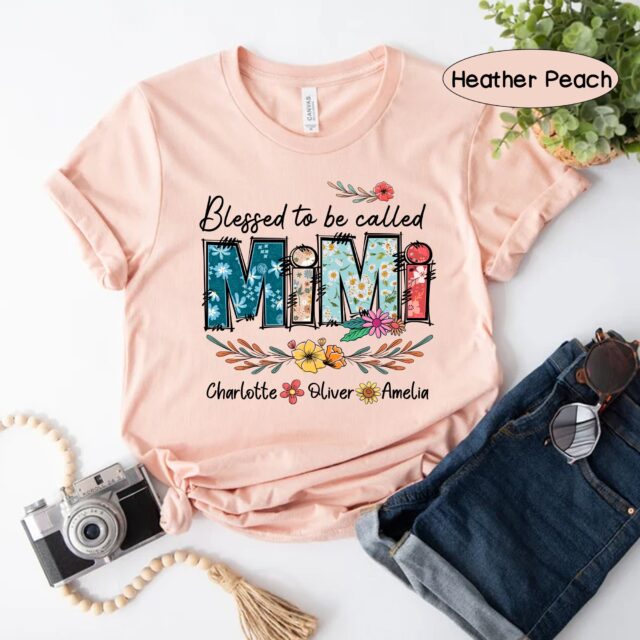 Custom Blessed Grandma Shirt, Personalized Kids Art Flower Nana Shirt