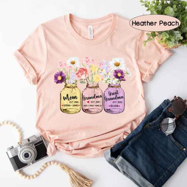 Personalized Great Grandma Shirt – Custom Grandchild Name & Flower Design