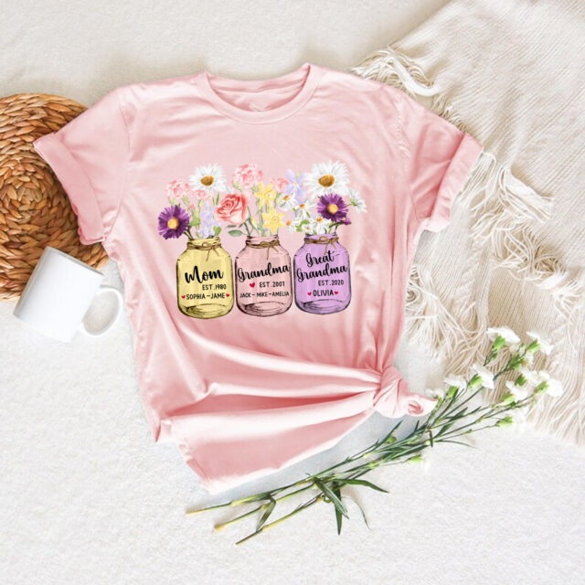 Personalized Great Grandma Shirt – Custom Grandchild Name & Flower Design