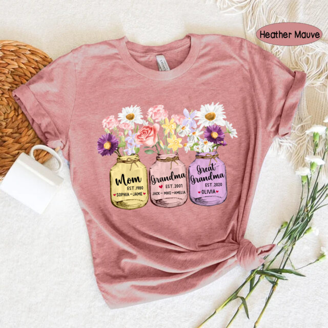 Personalized Great Grandma Shirt – Custom Grandchild Name & Flower Design