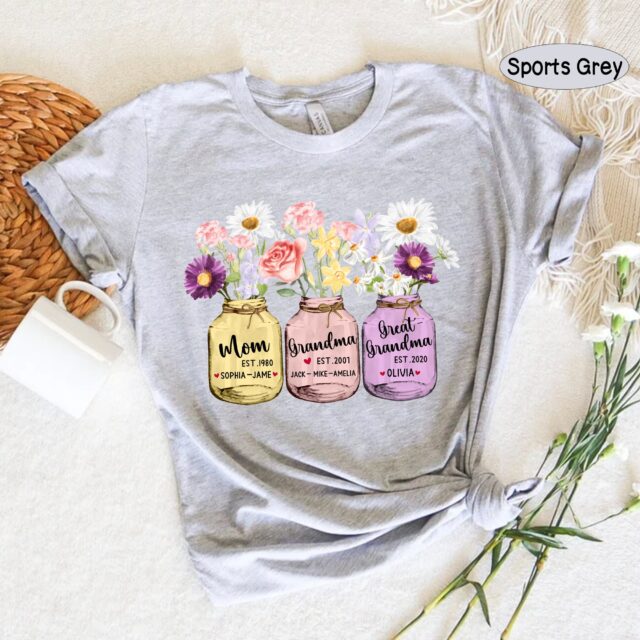 Personalized Great Grandma Shirt – Custom Grandchild Name & Flower Design