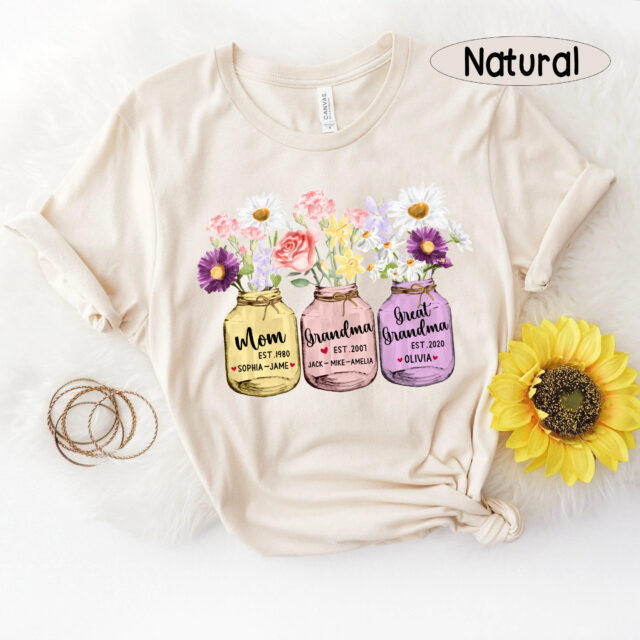 Personalized Great Grandma Shirt – Custom Grandchild Name & Flower Design