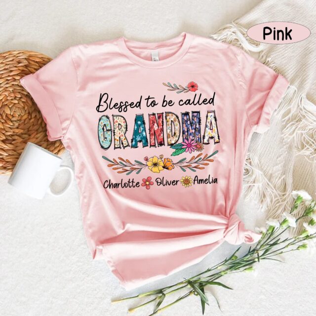 Custom Blessed Grandma Shirt, Personalized Kids Art Flower Nana Shirt