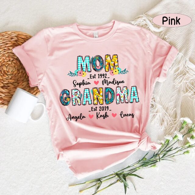 Personalized First Mom Now Grandma Shirt with Kids and Grandkids Names