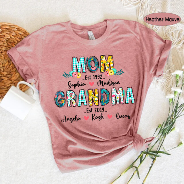 Personalized First Mom Now Grandma Shirt with Kids and Grandkids Names