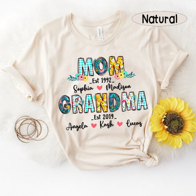 Personalized First Mom Now Grandma Shirt with Kids and Grandkids Names