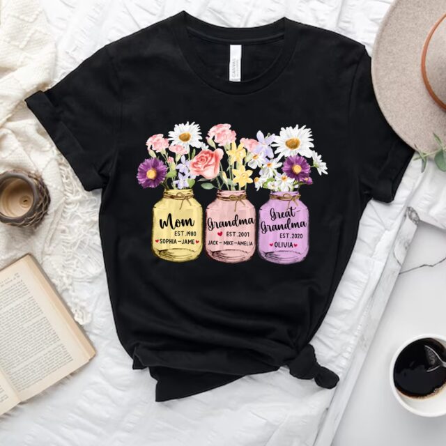 Personalized Great Grandma Shirt – Custom Grandchild Name & Flower Design