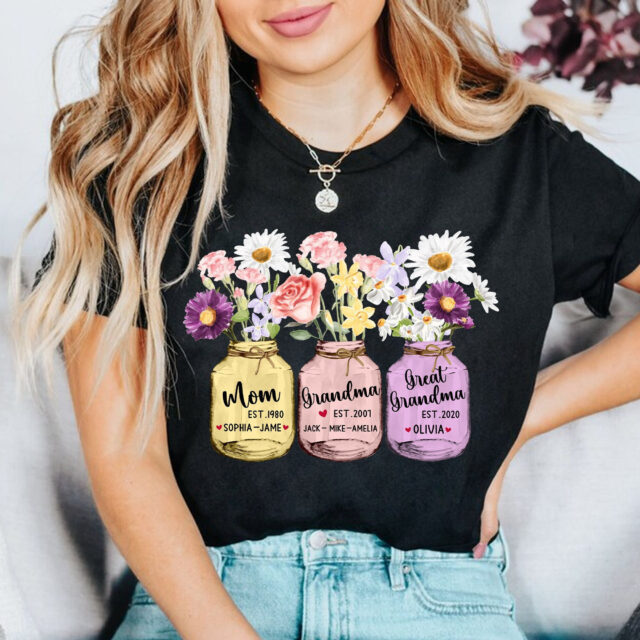 Personalized Great Grandma Shirt – Custom Grandchild Name & Flower Design