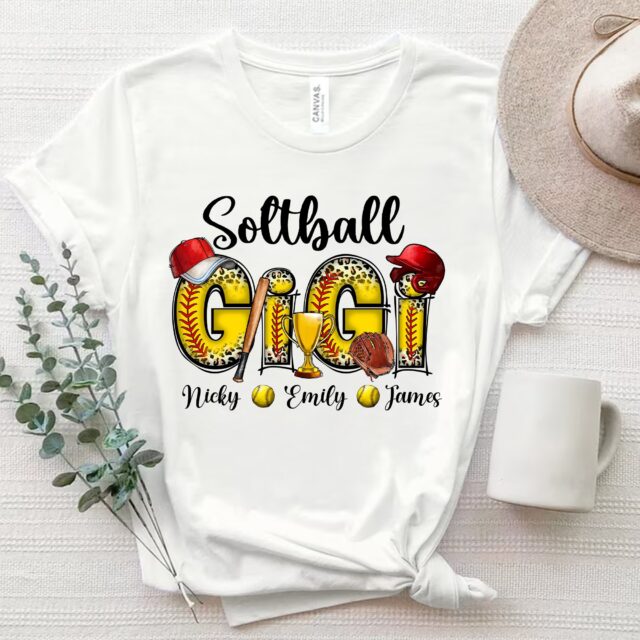 Softball Grandma Shirt Custom Leopard Tee with Kid’s Name