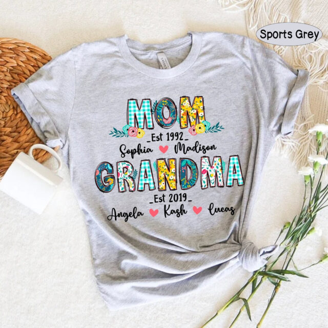 Personalized First Mom Now Grandma Shirt with Kids and Grandkids Names
