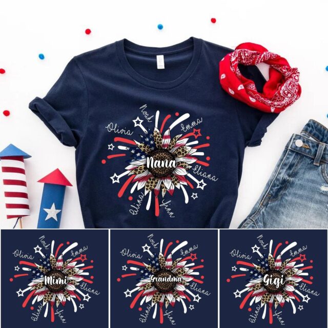 Personalized 4th of July Grandma Shirt – Custom Nana Shirt with Grandchild Names, Patriotic Firecrackers Tee