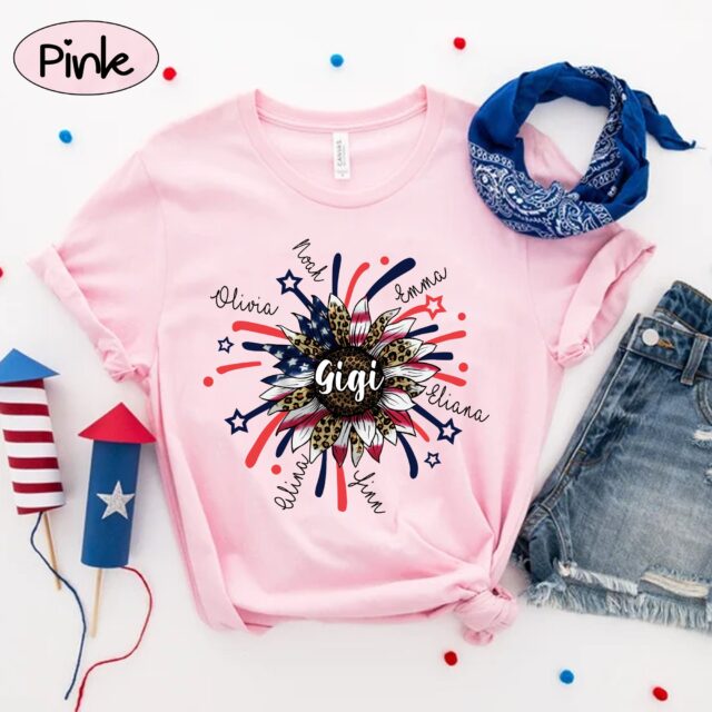 Personalized 4th of July Grandma Shirt – Custom Nana Shirt with Grandchild Names, Patriotic Firecrackers Tee
