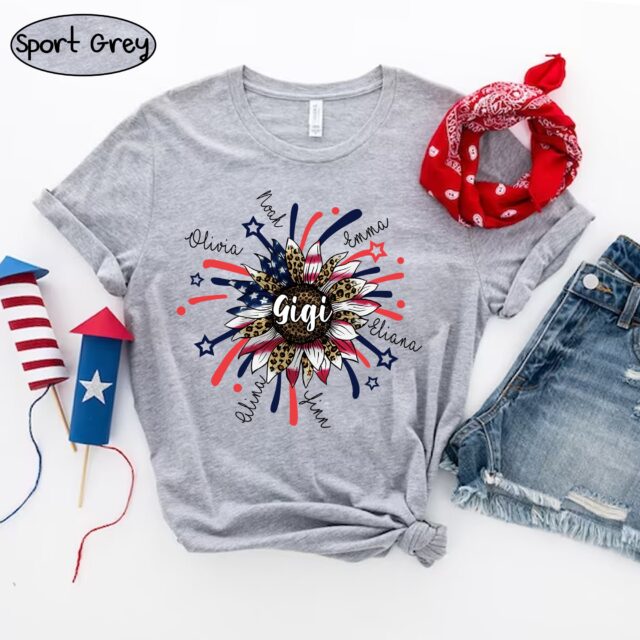 Personalized 4th of July Grandma Shirt – Custom Nana Shirt with Grandchild Names, Patriotic Firecrackers Tee