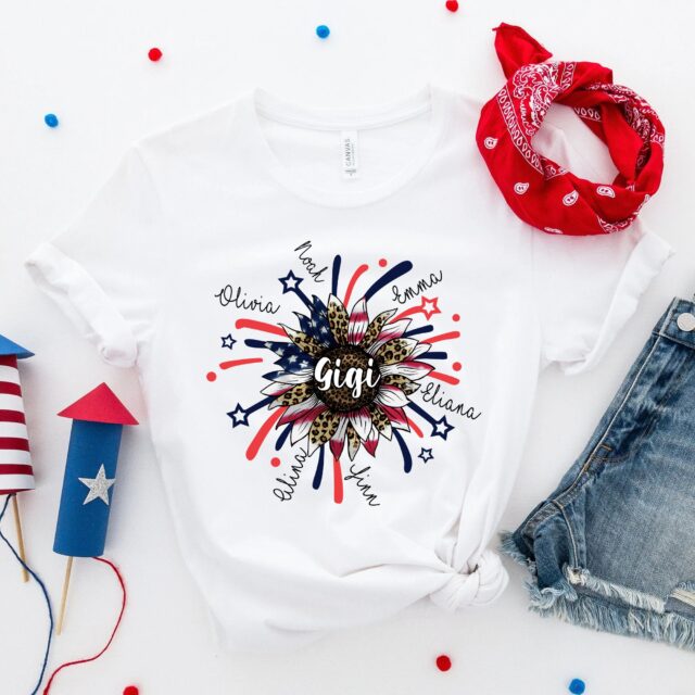 Personalized 4th of July Grandma Shirt – Custom Nana Shirt with Grandchild Names, Patriotic Firecrackers Tee