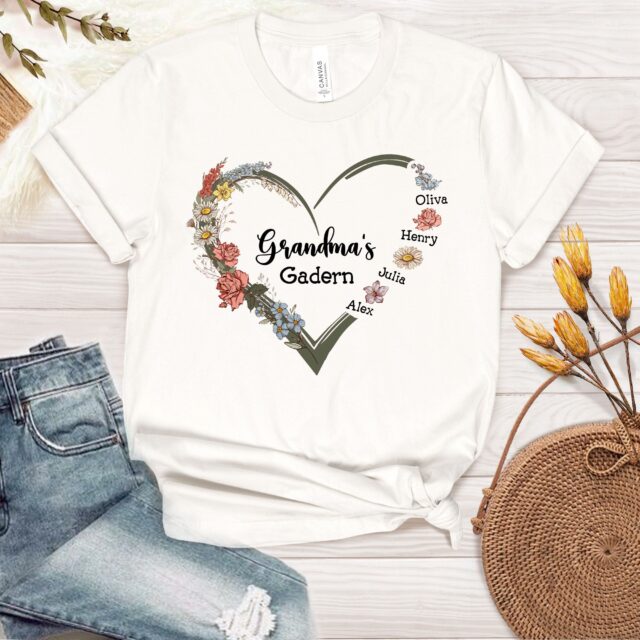 Personalized Grandma’s Garden Shirt – Custom Birth Month Flower Heart Tee