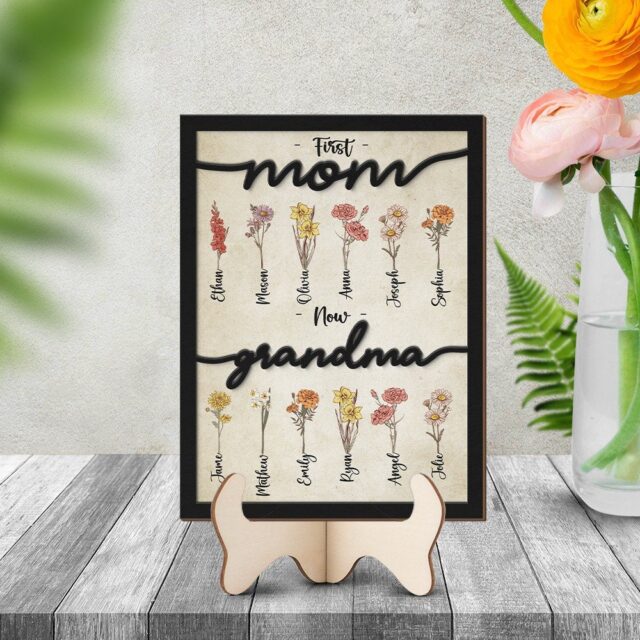 Personalized First Mom, Now Grandma Wooden Sign with Birth Flowers