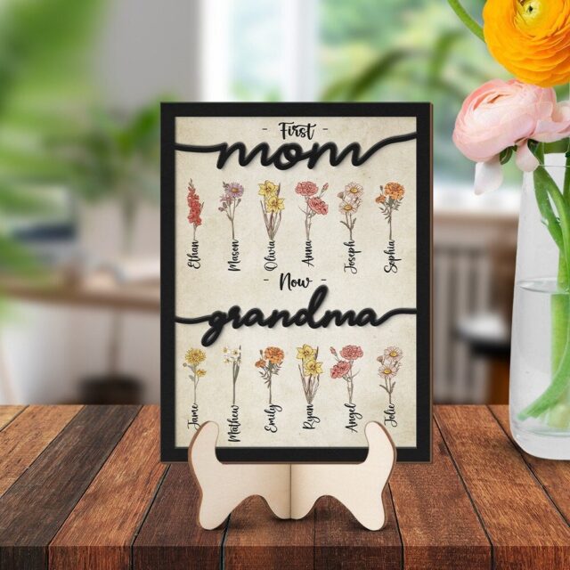 Personalized First Mom, Now Grandma Wooden Sign with Birth Flowers