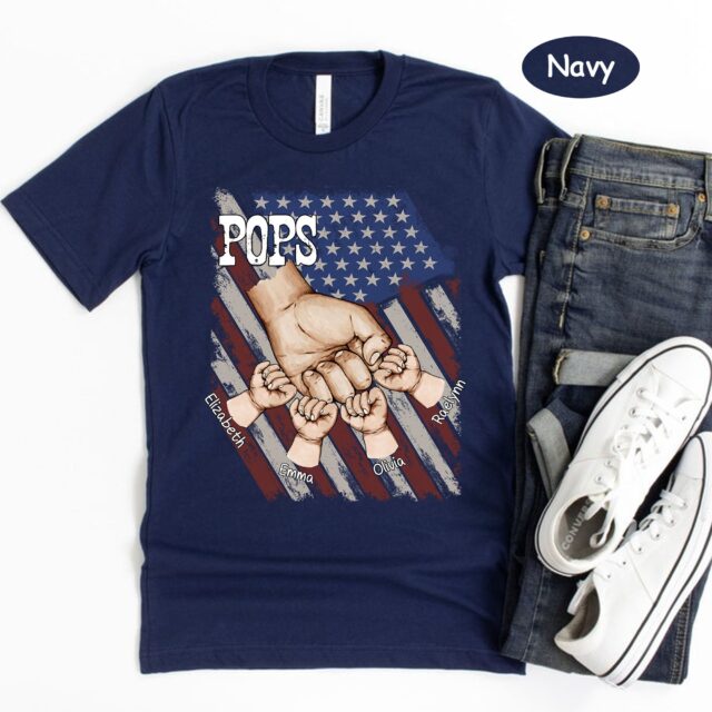 Personalized Papa Shirt – Custom Dad Fist Bump Shirt with Grandkids’ Names, 4th of July Gift