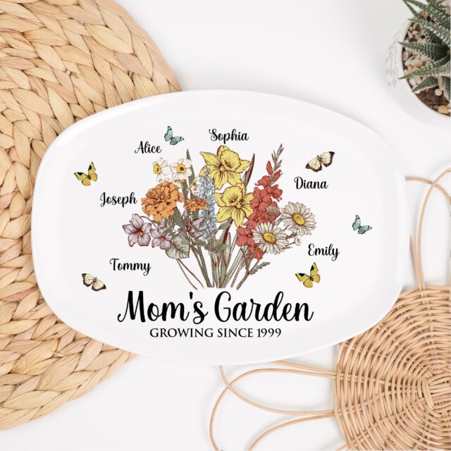 Personalized Birth Month Flower Mom’s Garden Plate – Custom Grandma Platter