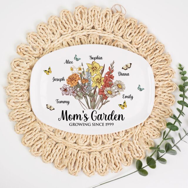 Personalized Birth Month Flower Mom’s Garden Plate – Custom Grandma Platter