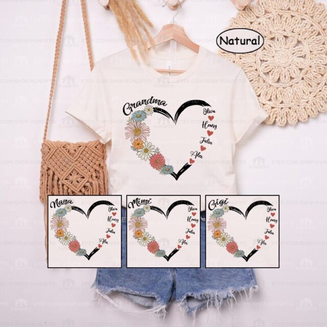 Floral Mama Shirt – Personalized Grandma Heart Shirt with Kids’ Names