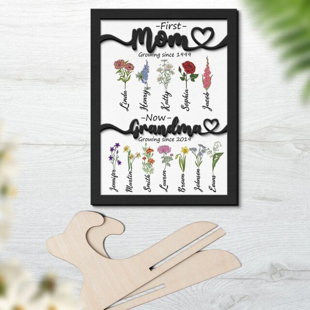 First Mom Now Grandma Wooden Sign with Custom Birth Month Flowers