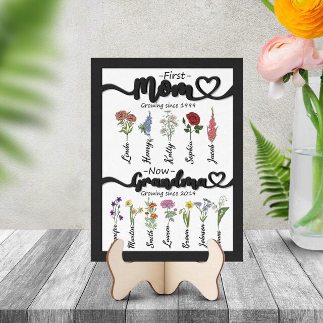 First Mom Now Grandma Wooden Sign with Custom Birth Month Flowers
