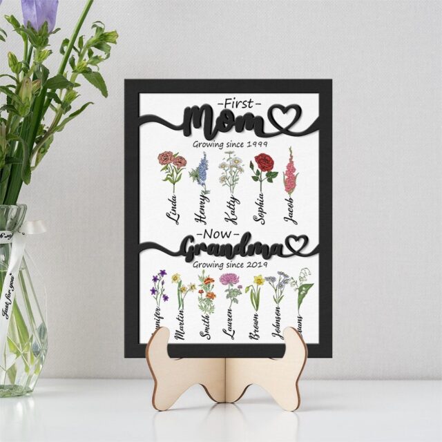 First Mom Now Grandma Wooden Sign with Custom Birth Month Flowers