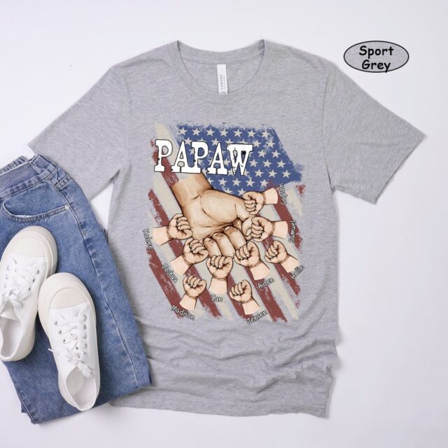 Personalized Papa Shirt – Custom Dad Fist Bump Shirt with Grandkids’ Names, 4th of July Gift