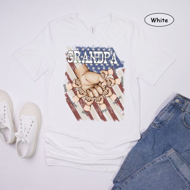 Personalized Papa Shirt – Custom Dad Fist Bump Shirt with Grandkids’ Names, 4th of July Gift