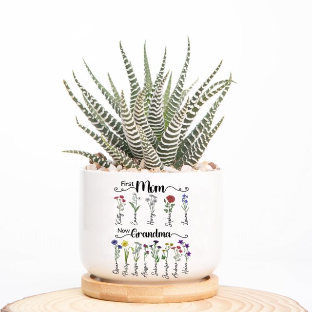 First Mom Now Grandma Plant Pot – Custom Birth Month Flowers Gift