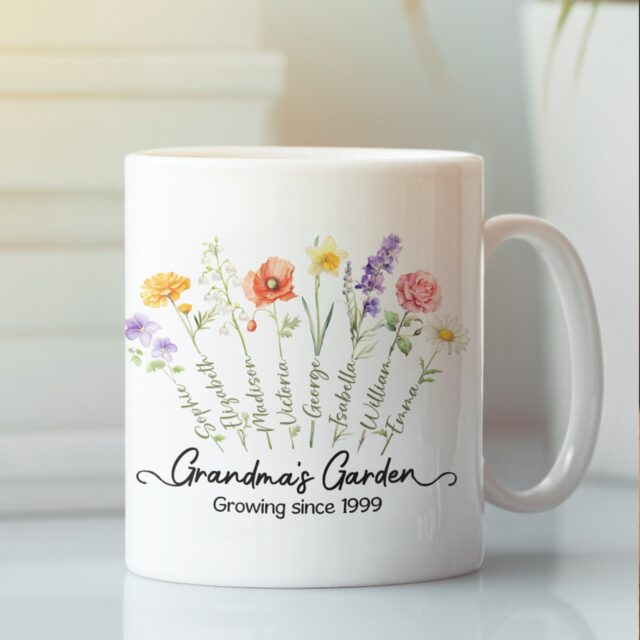 Grandma’s Garden Mug – Personalized Birth Month Flower Mug for Grandmother, Mom’s Garden Gift