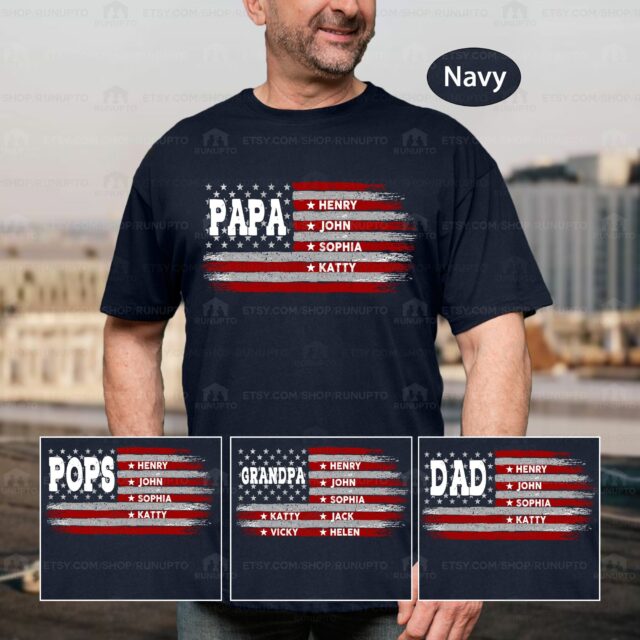 Personalized Papa Shirt – Custom Grandpa Flag Shirt with Grandkids, Father’s Day & 4th of July Gift
