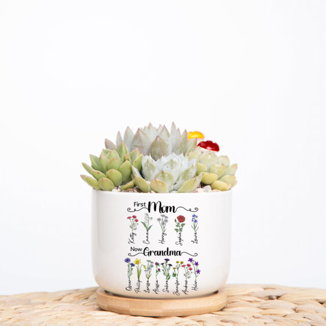 First Mom Now Grandma Plant Pot – Custom Birth Month Flowers Gift