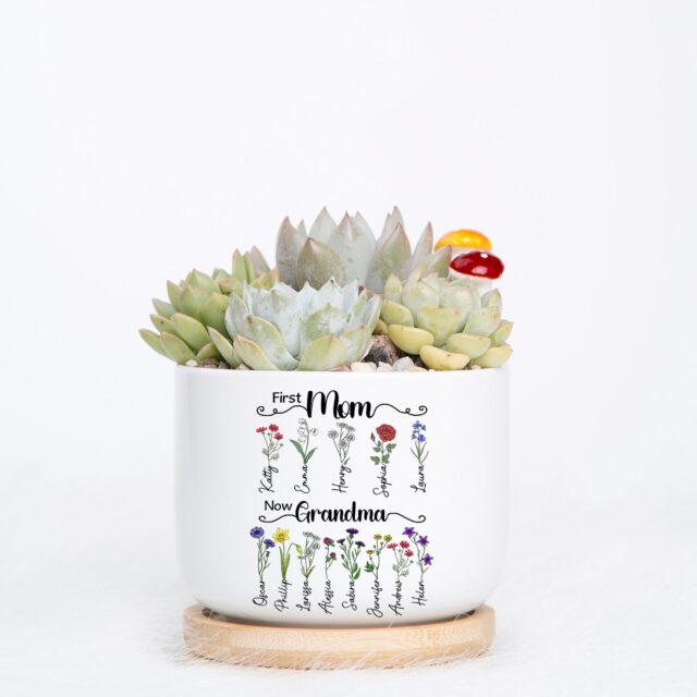 First Mom Now Grandma Plant Pot – Custom Birth Month Flowers Gift