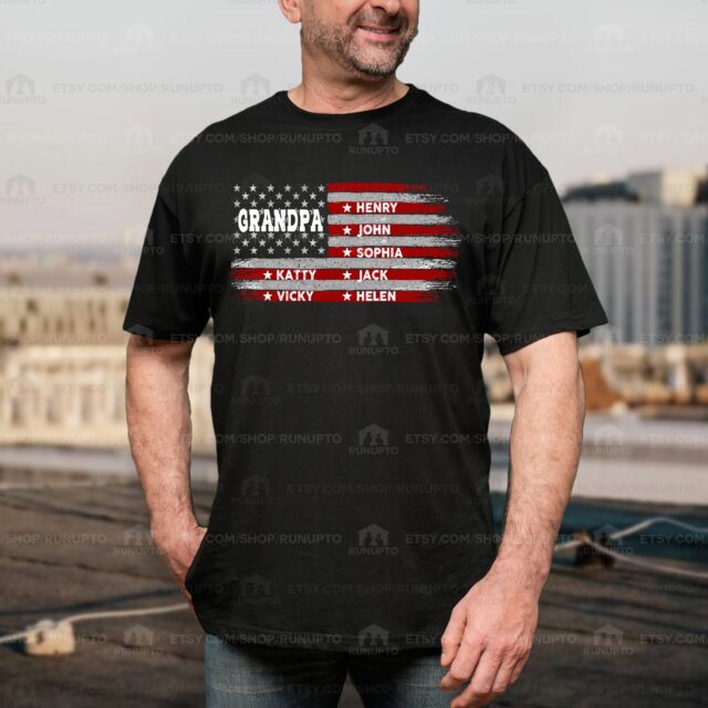 Personalized Papa Shirt – Custom Grandpa Flag Shirt with Grandkids, Father’s Day & 4th of July Gift