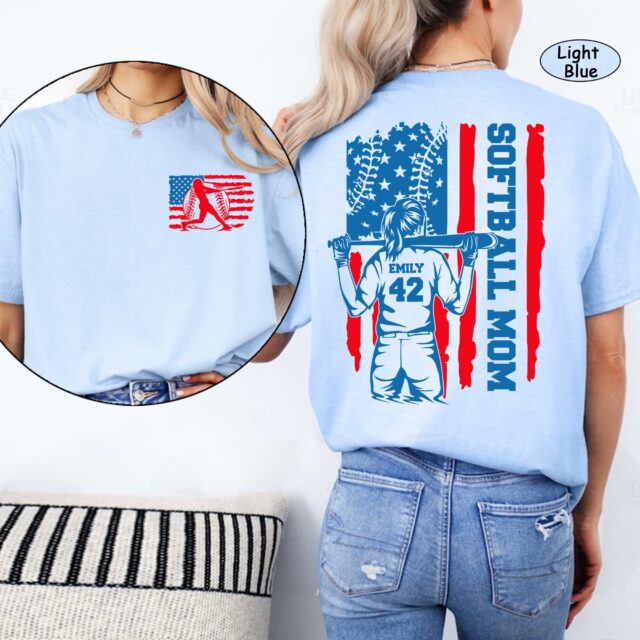 4th of July Softball Dad Shirt, Softball Mom Shirt, Custom Name & Number Shirt