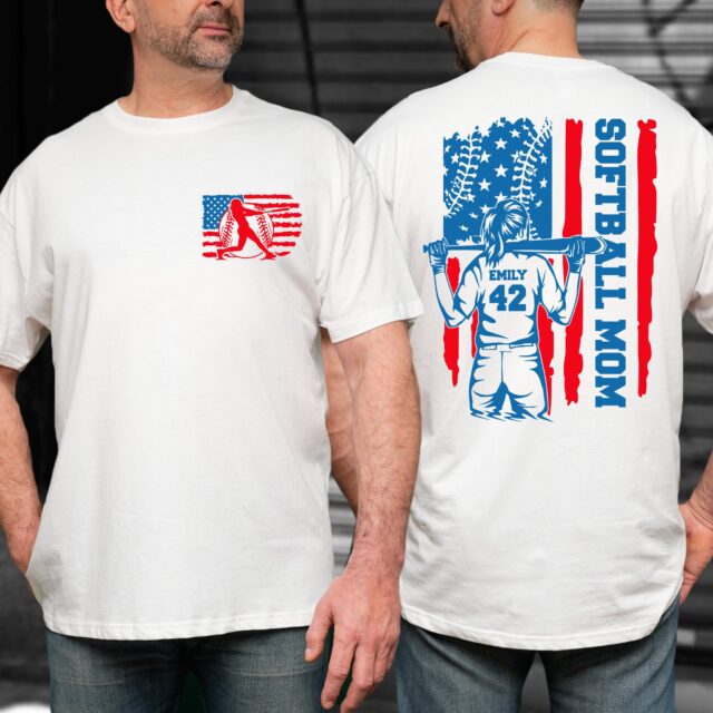 4th of July Softball Dad Shirt, Softball Mom Shirt, Custom Name & Number Shirt