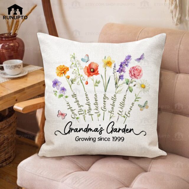 Custom Birth Month Flowers Grandma Pillow – Personalized Grandma’s Garden Gift