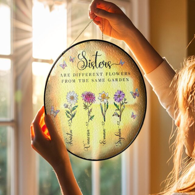 Personalized Sister Birth Flower Stained Glass Suncatcher – Sisters Are Different Flowers, Birthday Gift