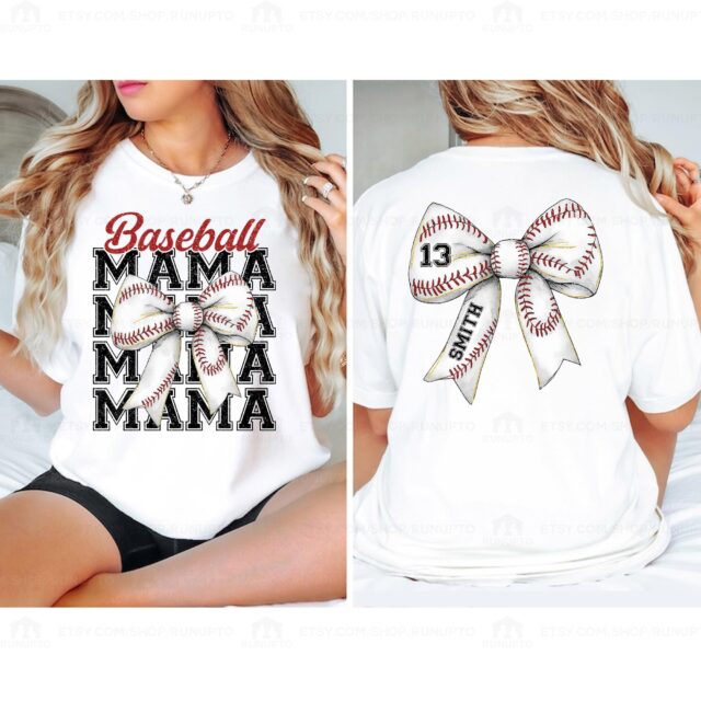 Personalized Baseball Mom Shirt – Custom Name & Number, Baseball Bow Tee for Mama & Game Day