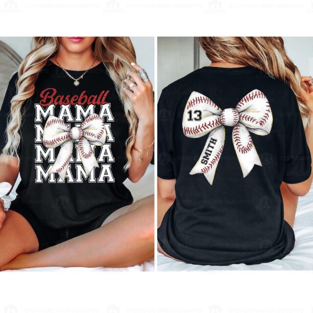 Personalized Baseball Mom Shirt – Custom Name & Number, Baseball Bow Tee for Mama & Game Day