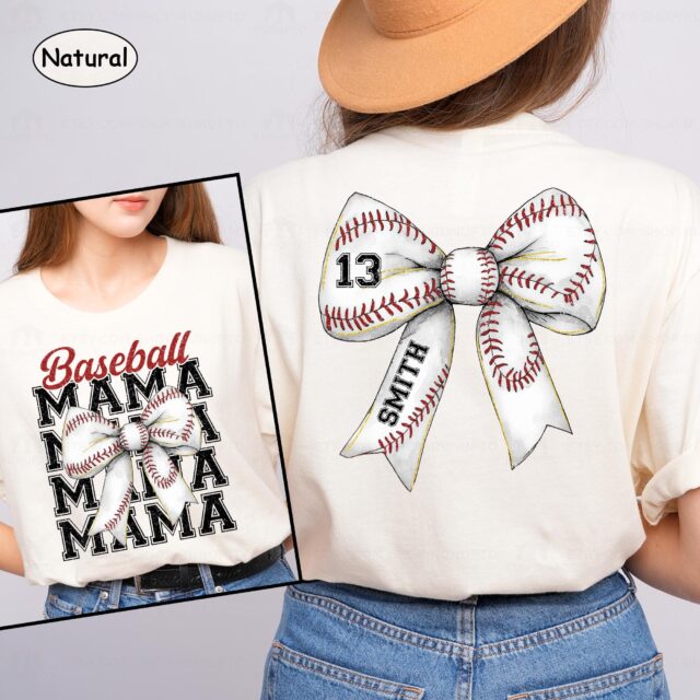Personalized Baseball Mom Shirt – Custom Name & Number, Baseball Bow Tee for Mama & Game Day