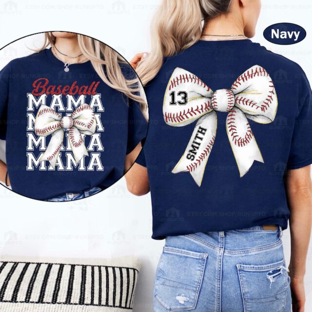 Personalized Baseball Mom Shirt – Custom Name & Number, Baseball Bow Tee for Mama & Game Day