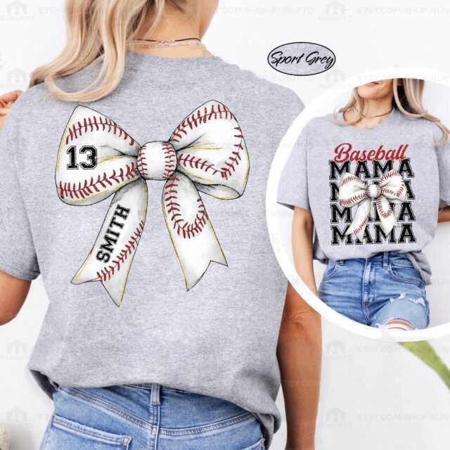 Personalized Baseball Mom Shirt – Custom Name & Number, Baseball Bow Tee for Mama & Game Day