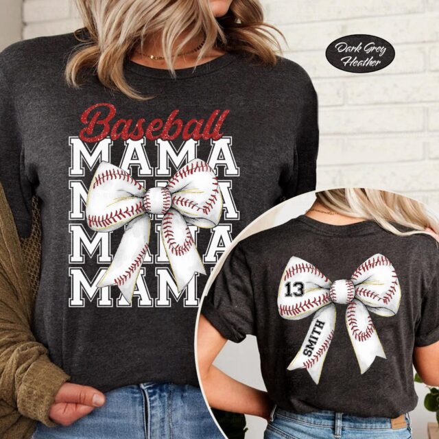 Personalized Baseball Mom Shirt – Custom Name & Number, Baseball Bow Tee for Mama & Game Day