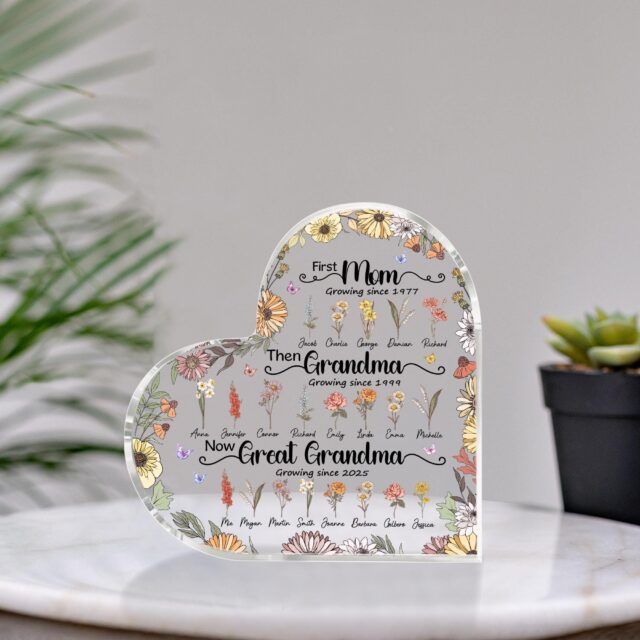 Custom Birth Month Flower Heart Acrylic Plaque – Great Grandma Mother’s Day Gift