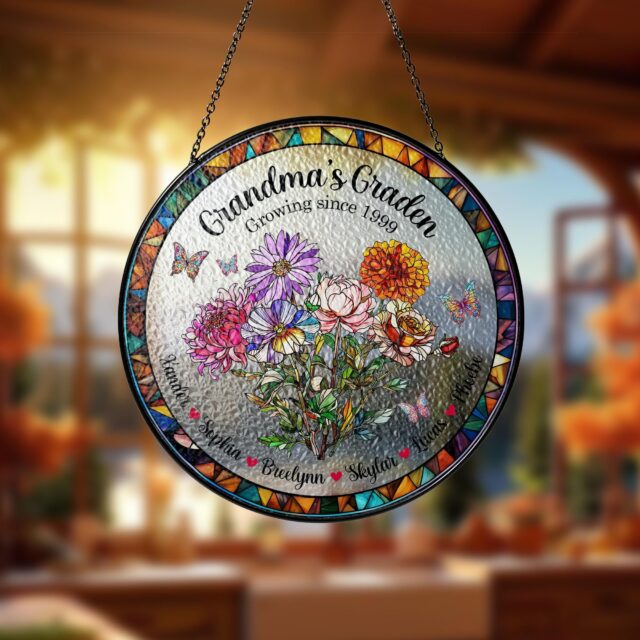 Custom Grandma’s Garden Suncatcher with Birth Month Flowers & Grandkids’ Names
