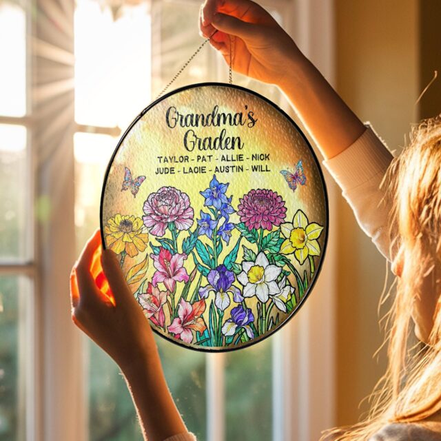 Personalized Birth Month Flowers Stained Glass Suncatcher with Grandkids Names